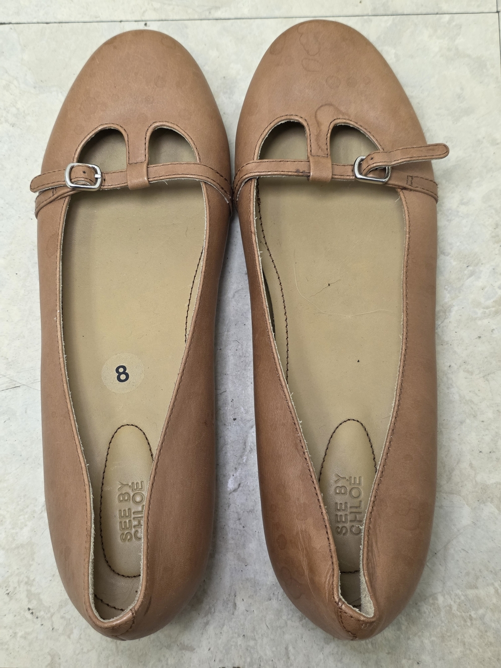 See By Chloe Camel Tan Leather Mary Jane Flats with Buckle